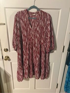 V-Neck Burgundy Patterned Tiered Midi Dress